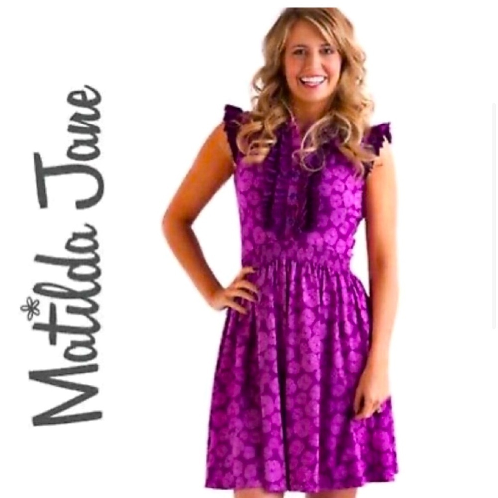NWOT Matilda Jane One Way Magnolia Pink Purple Ruffle Cinched Waist Dress SZ S
